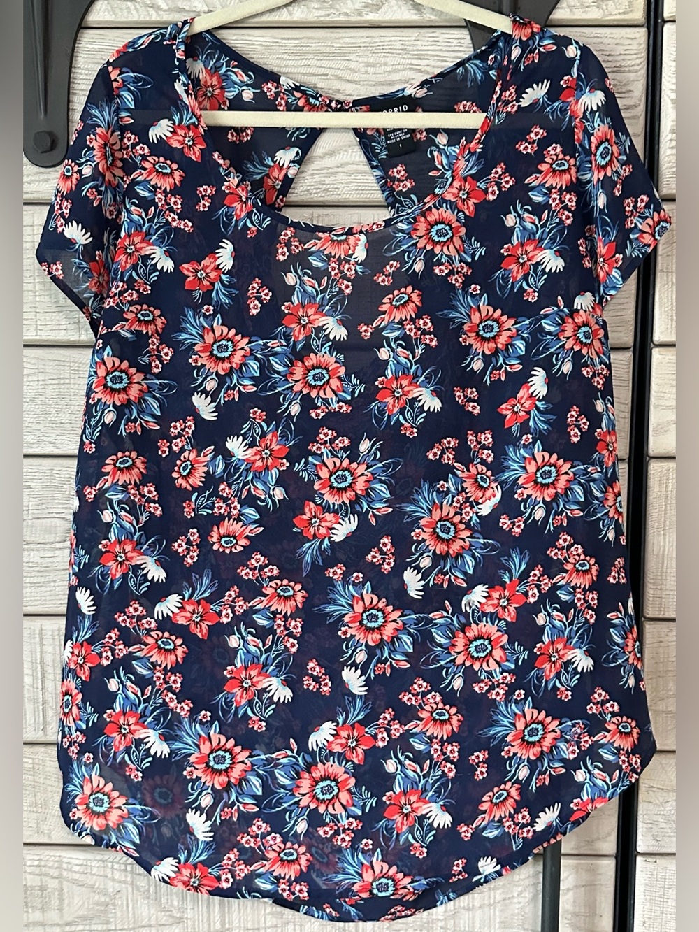 torrid Navy Floral Cutout Short-Sleeve Sheer Top Size 1 (14 16)